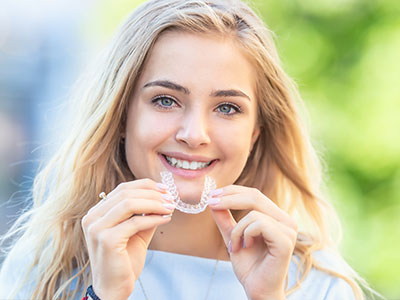 The image features two photographs side by side  on the left, a young woman with a radiant smile holds up a clear brace, displaying her teeth  on the right, another young woman poses confidently for the camera, also showcasing her straight, white teeth.